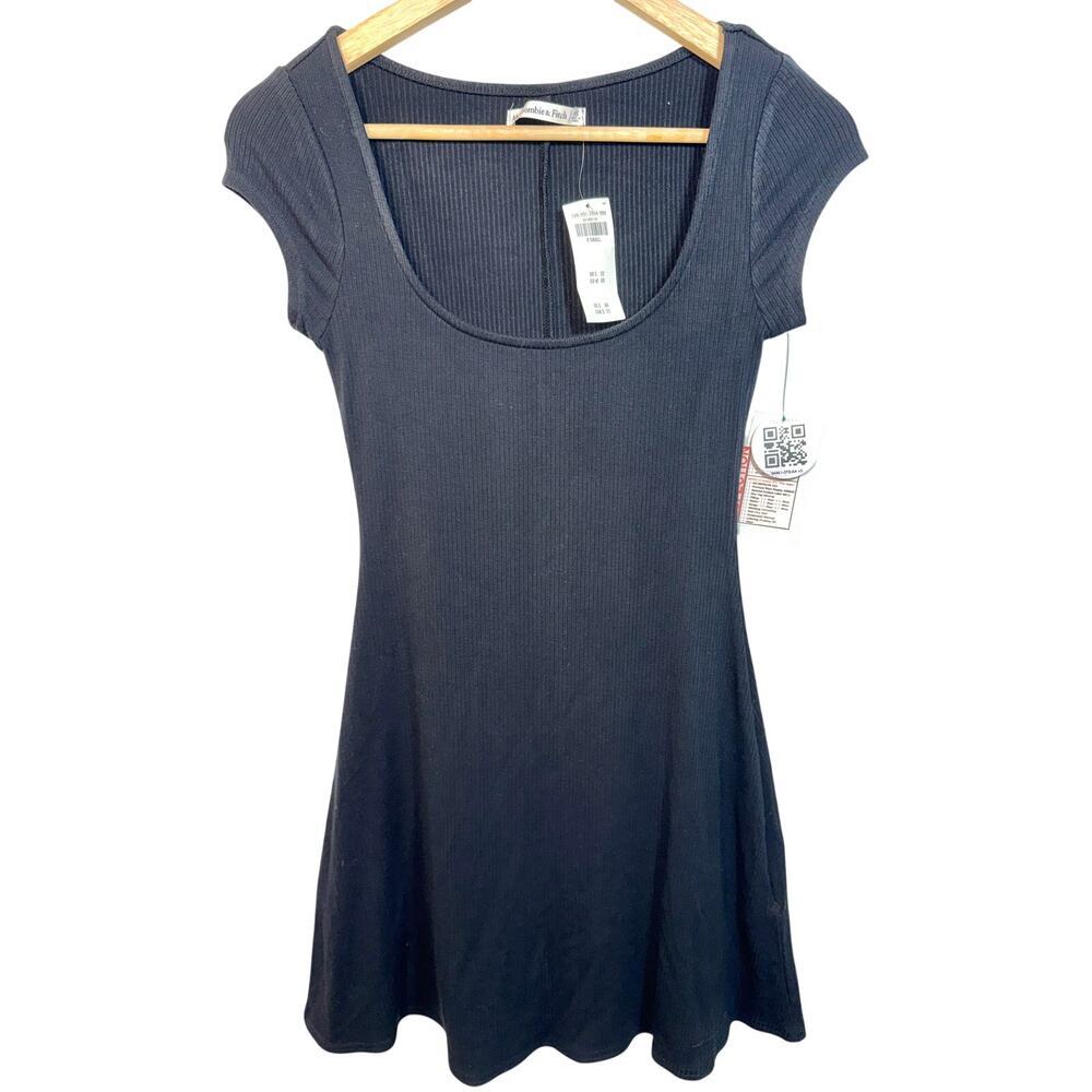 NWT Abercrombie & Fitch Black Ribbed Knit Scoop Neck Cap Sleeve Mini Dress Sz XS